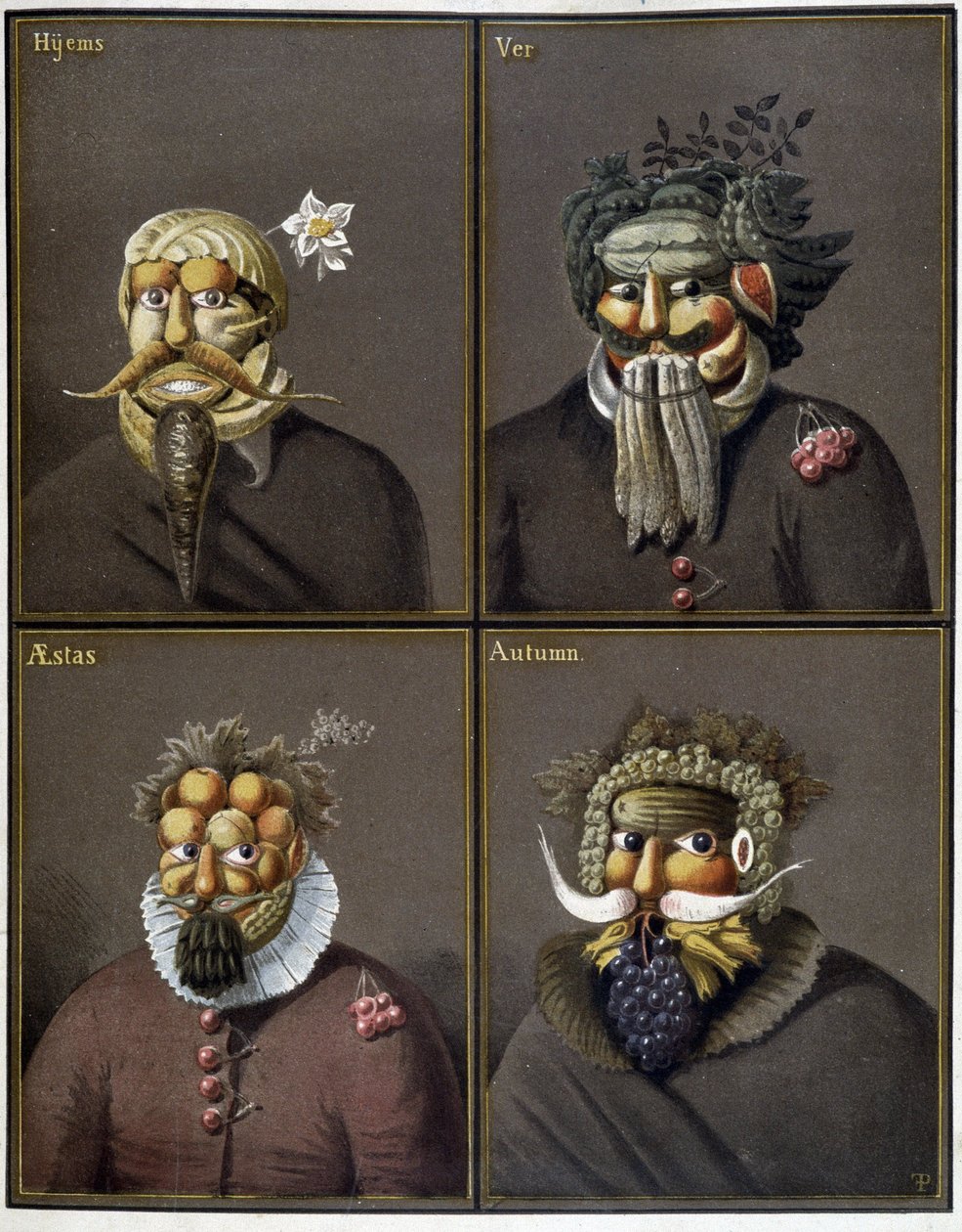 Neljä vuodenaikaa: miehet vihannespäillä Giuseppe Arcimboldon tapaan. tekijältä Giuseppe (style of) Arcimboldo