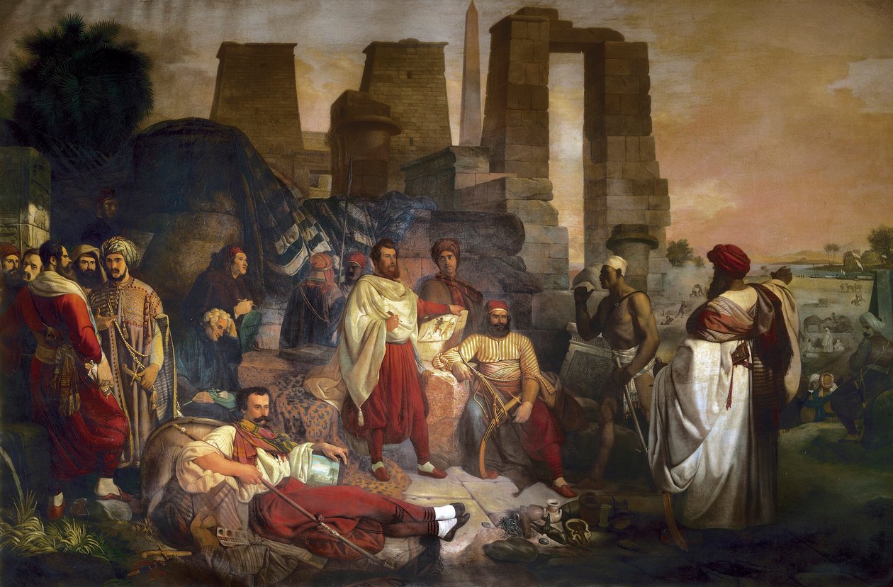 Egyptologi Jean Francois Champollion istuu keskustassa, Ippolito Rosellini ja Gaetano Rossellini ympäröimänä tekijältä Giuseppe Angelelli