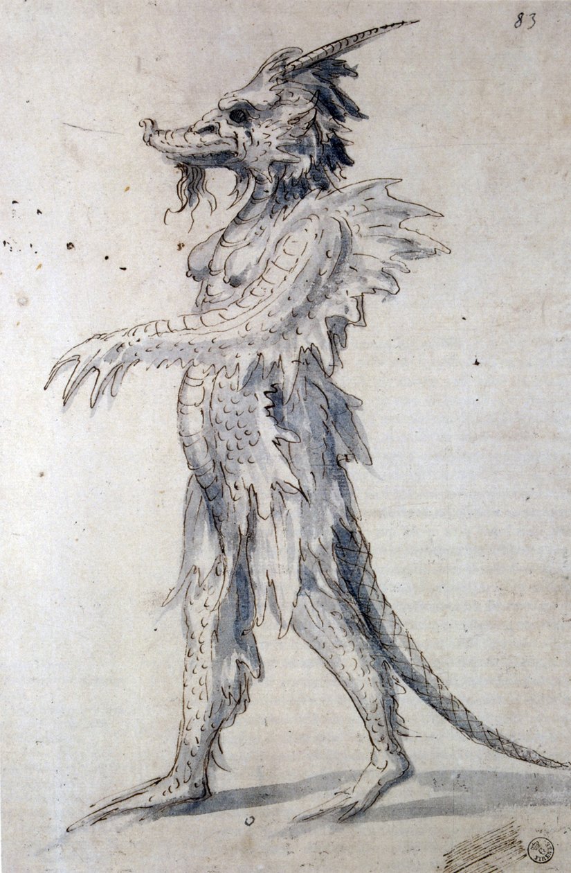 Suunnittelu lohikäärmeelle (kynä, sininen muste ja akvarelli paperille) tekijältä Giuseppe Arcimboldo