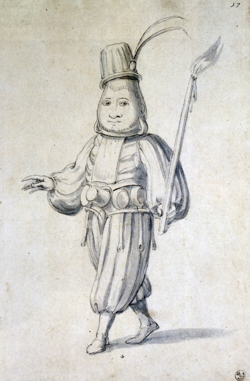 Suunnittelu kokin asuun (kynä, sininen muste ja akvarelli paperille) tekijältä Giuseppe Arcimboldo