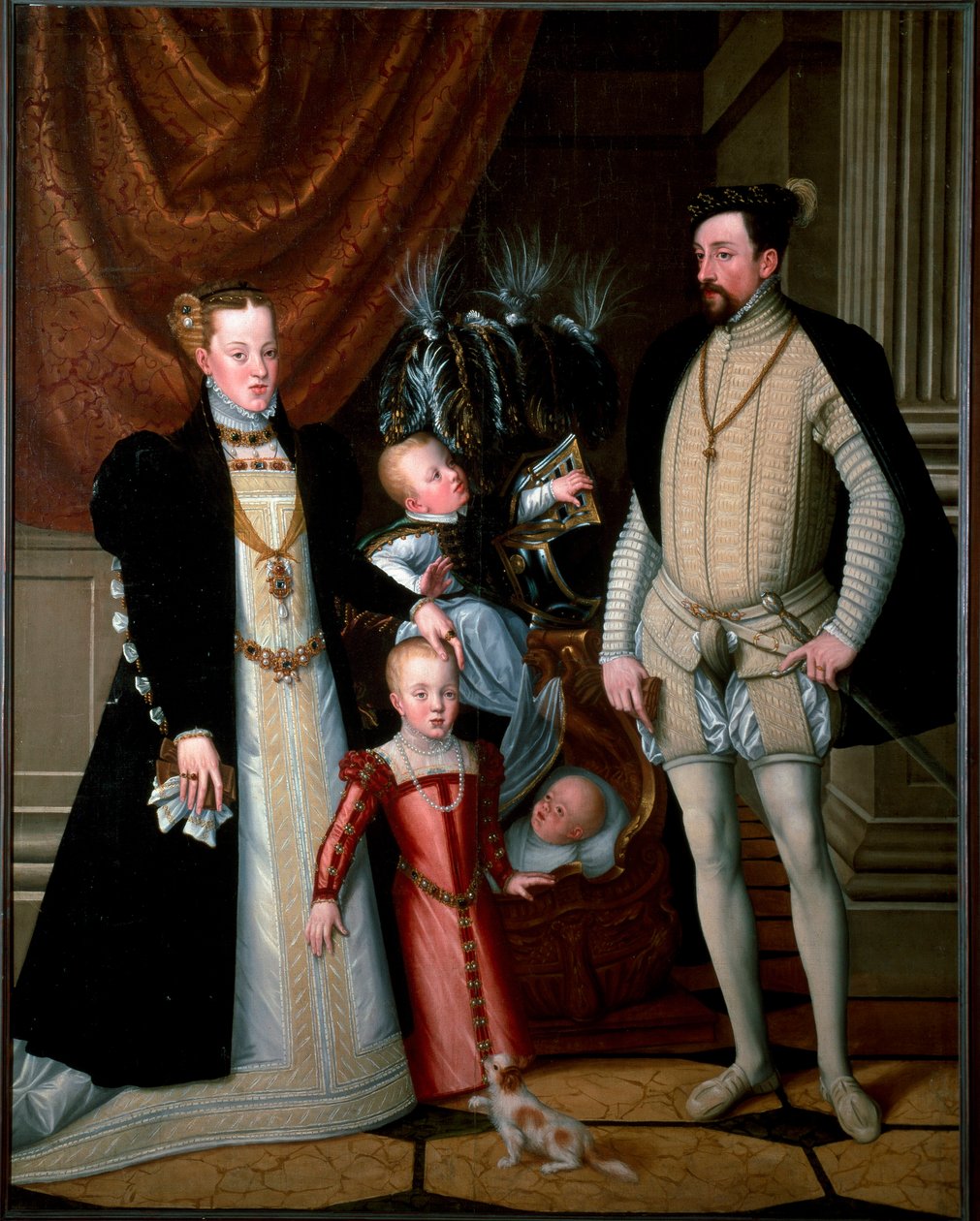 Keisari Maximilian II (1527-1576) perheineen: Espanjalainen Maria (1528-1603) ja heidän lapsensa Anne (1549-1580), Rodolph (1552-1612) ja Ernest (1553-1591) Giuseppe Arcimboldin maalaus (tai Arcimboldo) (1527-1593) 1553 su. 188x240 cm Ambrasin linna, sisää tekijältä Giuseppe Arcimboldo