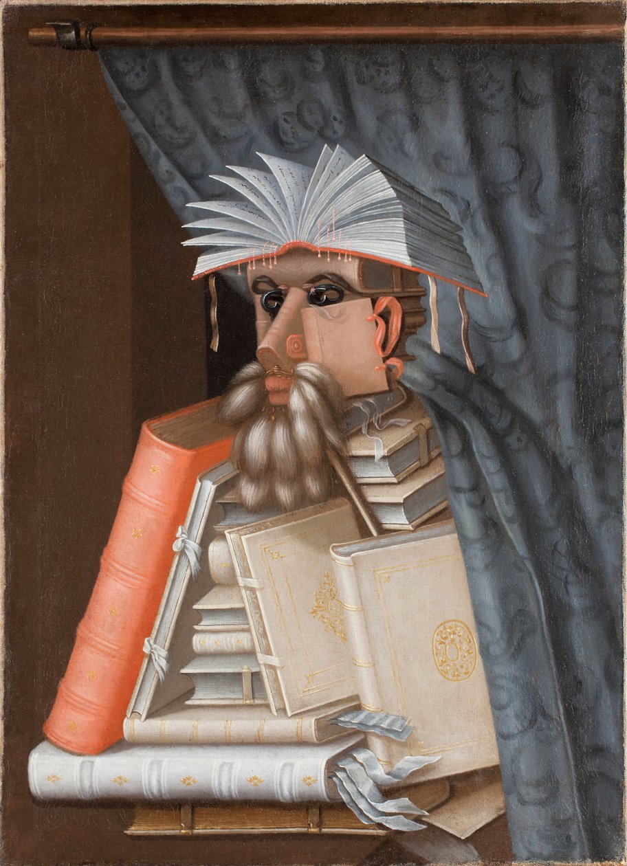 Muotokuvakarikatyyri "Kirjastonhoitaja", todennäköisesti tutkija Wolfgang Laziuksesta (1514-1565) tekijältä Giuseppe Arcimboldo