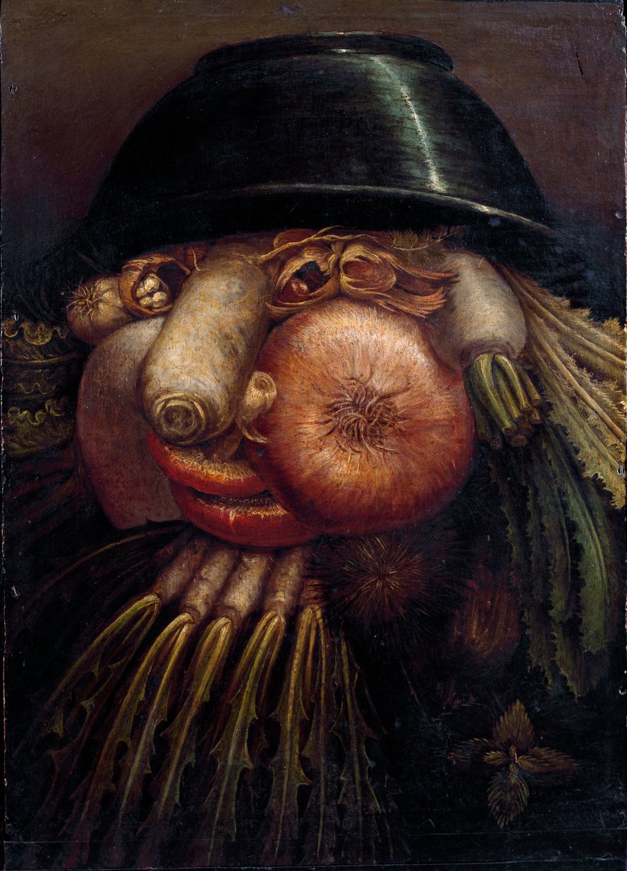 Muotokuva vihanneksilla (The Maraicher). Edustetuista vihanneksista ja hedelmistä: pähkinät, retiisi, sieni, valkosipuli, kastanja, sipuli, salaatti, hasselpähkinä ja nauris. Giuseppe Arcimboldin (Arcimboldo) (1527-1593) maalaus Cremona, Pinacoteca Comunal tekijältä Giuseppe Arcimboldo