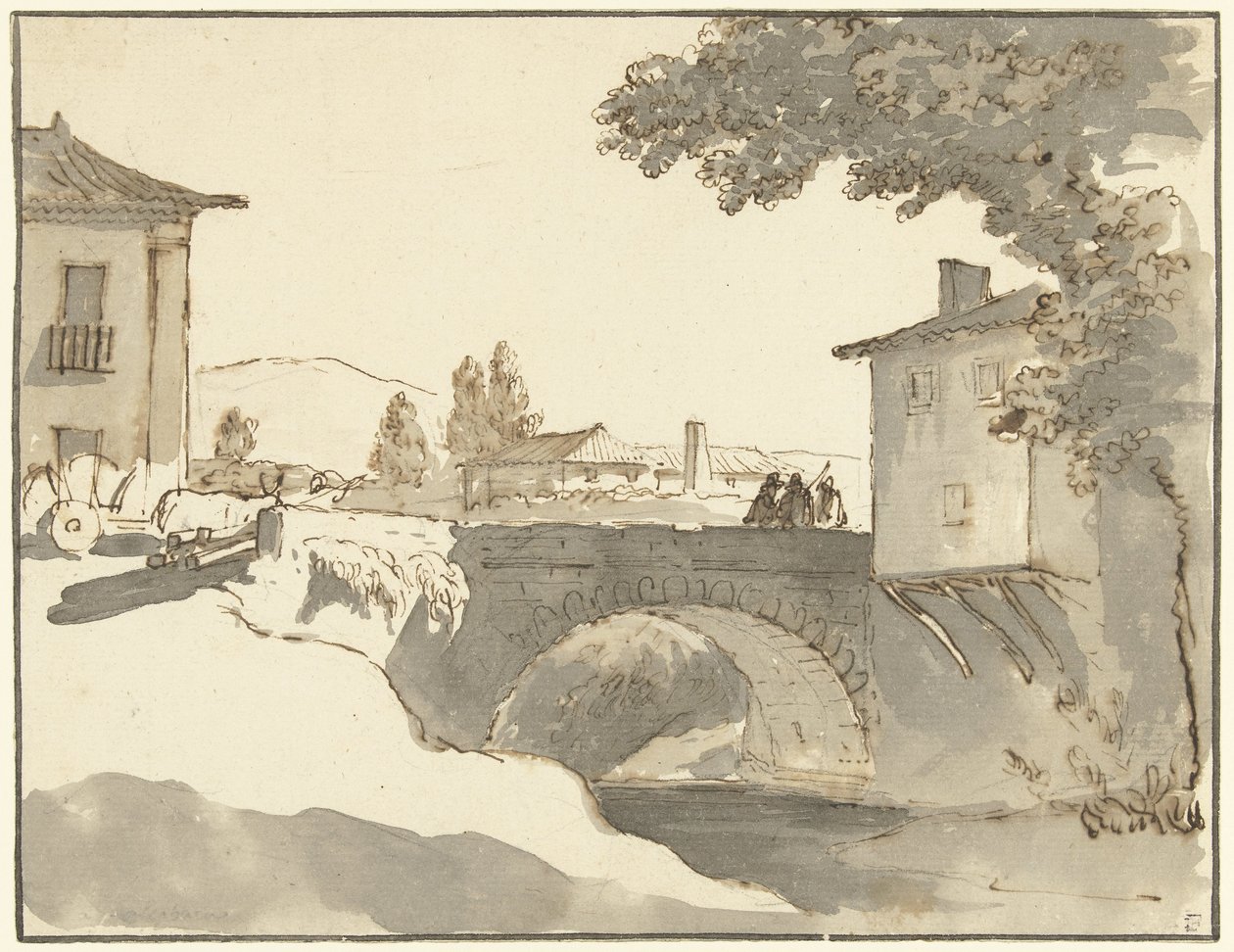 Kylänäkymä Alcobaçassa Portugalissa tekijältä Giuseppe Bernardino Bison (possibly)