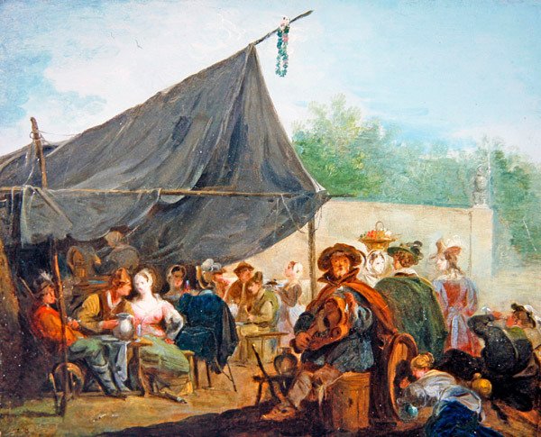 Leirikohtaus, jossa hahmot juovat (öljy kankaalle) tekijältä Giuseppe Bernardino Bison