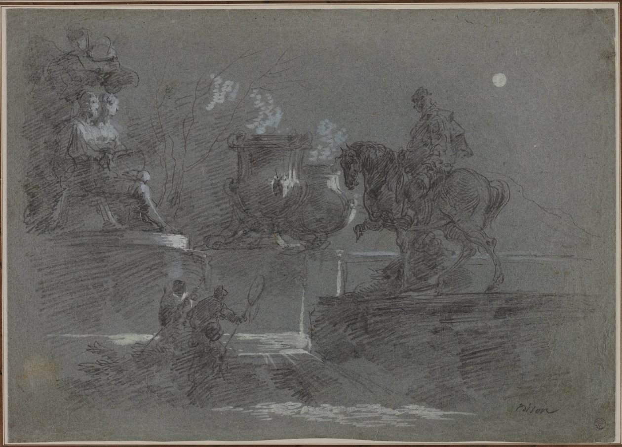 Monumentaaliveistos kuutamoisessa puistossa, n. 1842. tekijältä Giuseppe Bernardino Bison