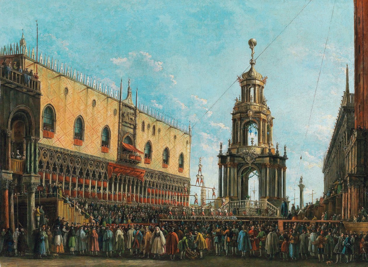 Giovedì Grasso -festivaali Venetsian herttuapalatsin edessä, 1830-luku. tekijältä Giuseppe Bernardino Bison