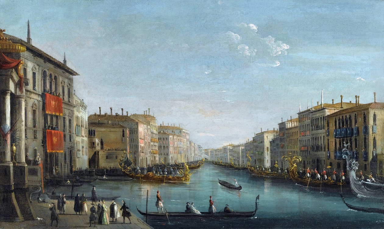 Näkymä Grand Canalille Palazzo Balbista päin Rialton siltaa ja Bison, Giuseppe Bernardinon (1762-1844) regatta. Öljy kankaalle, koko: 48,9x81,9, tekijältä Giuseppe Bernardino Bison