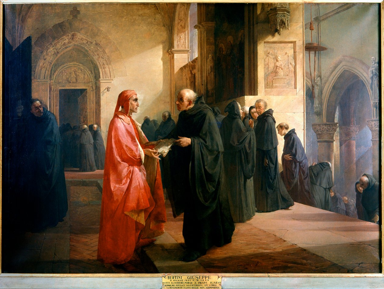 Dante Alighieri lahjoittaa veli Ilariolle muistikirjan, joka sisältää osan "Jumalaisesta komediasta". tekijältä Giuseppe Bertini