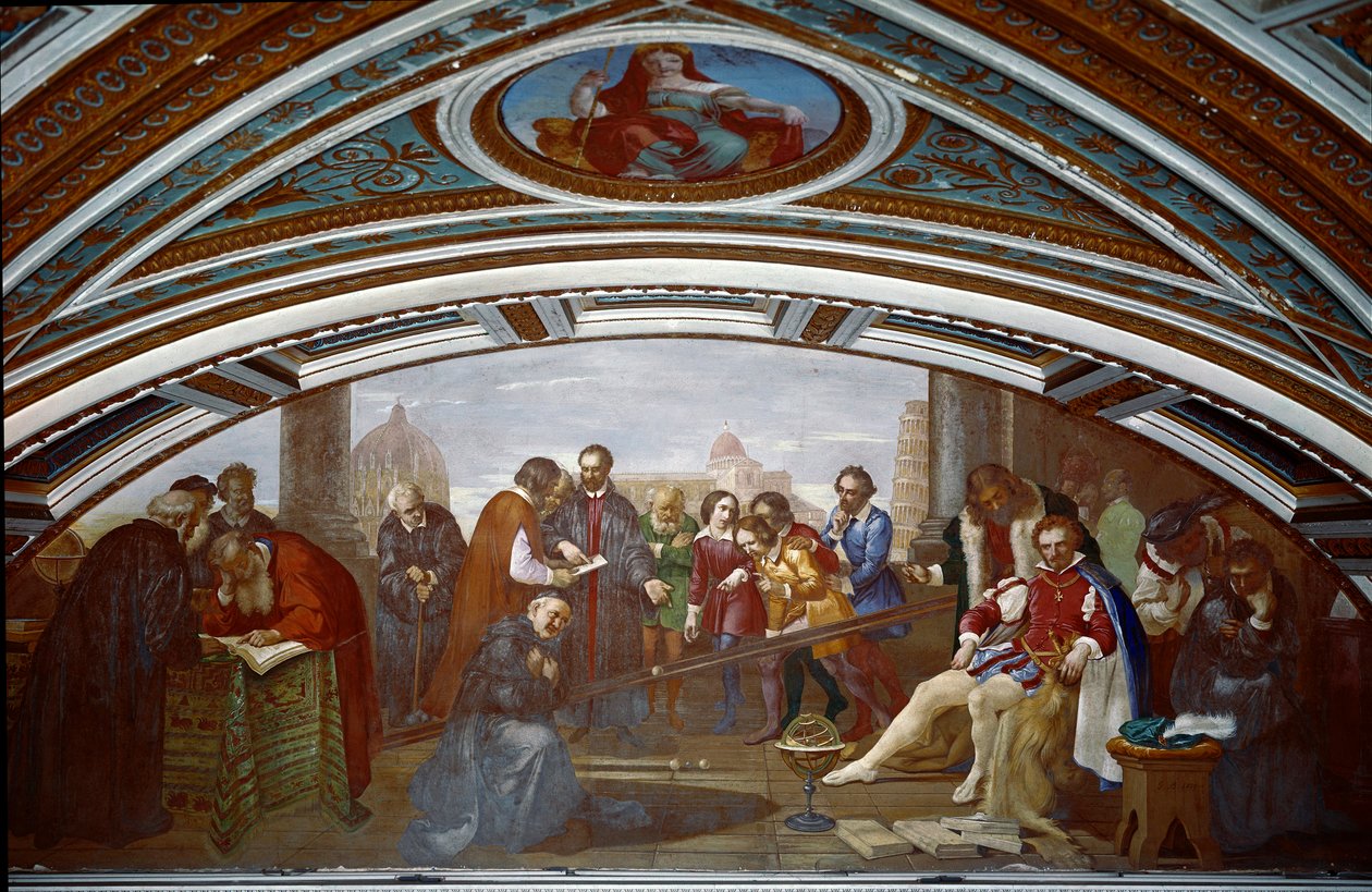 Galileo Galilei dit Galilea (1564-1642) osoittaa putoamisen ja painovoiman lain. Galilea esittelee kokemusta kaltevalla suunnitelmalla julkisessa luennossa Pisassa. Giuseppe Bezzuolin (1784-1855) maalaus tekijältä Giuseppe Bezzuoli