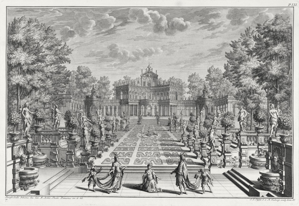 Oopperaympäristö puutarhassa, Architectus Theatralis Primariuksesta, kaiverrus Johann Andreas Pfeffel (1674-1748), julkaistu 1740 tekijältä Giuseppe Bibiena