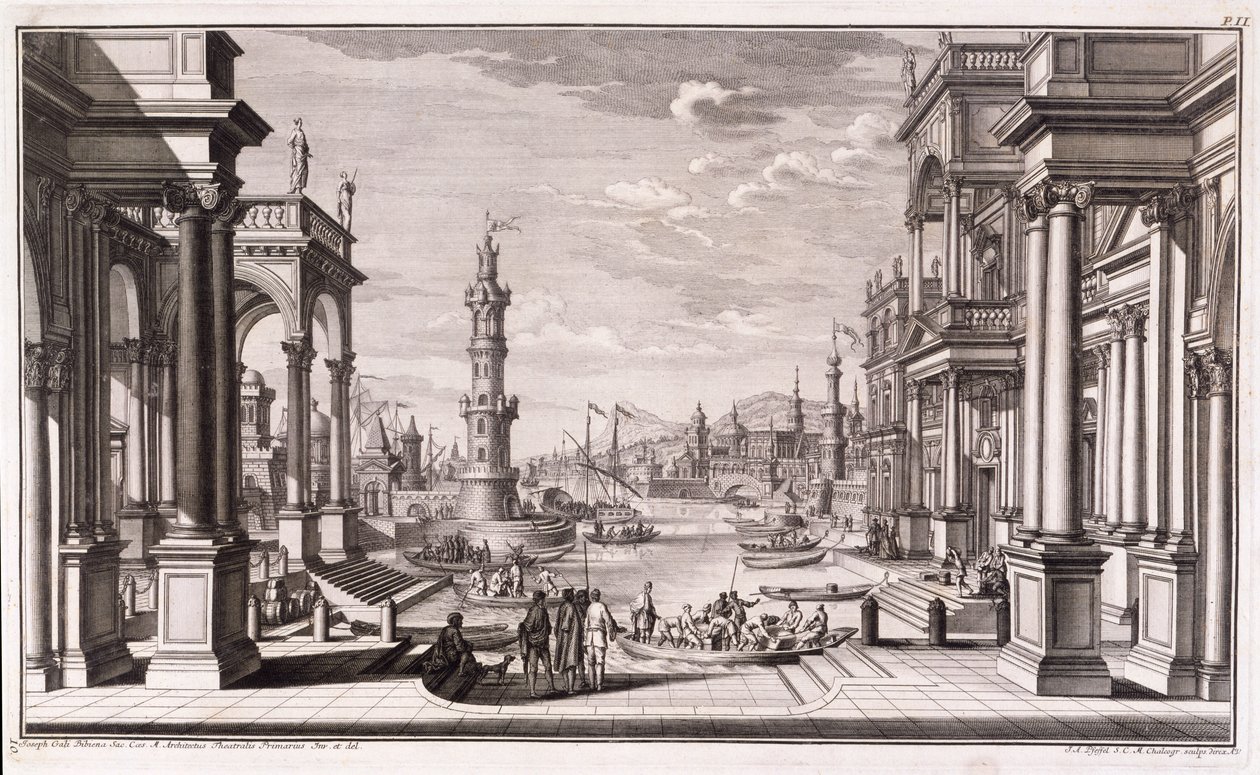 Pieni satama barokkityylisillä pylväillä, Architectus Theatralis Primariuksesta, julkaistu 1740 tekijältä Giuseppe Bibiena