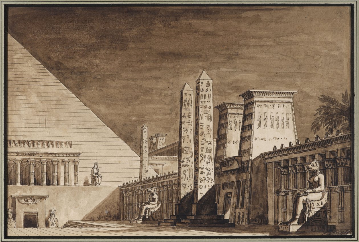 Lavastus Gioachino Rossinin - Giuseppe Borsaton (1771-1849) oopperaan Semiramide. Kynä, sivellin, intialainen muste paperille tekijältä Giuseppe Borsato