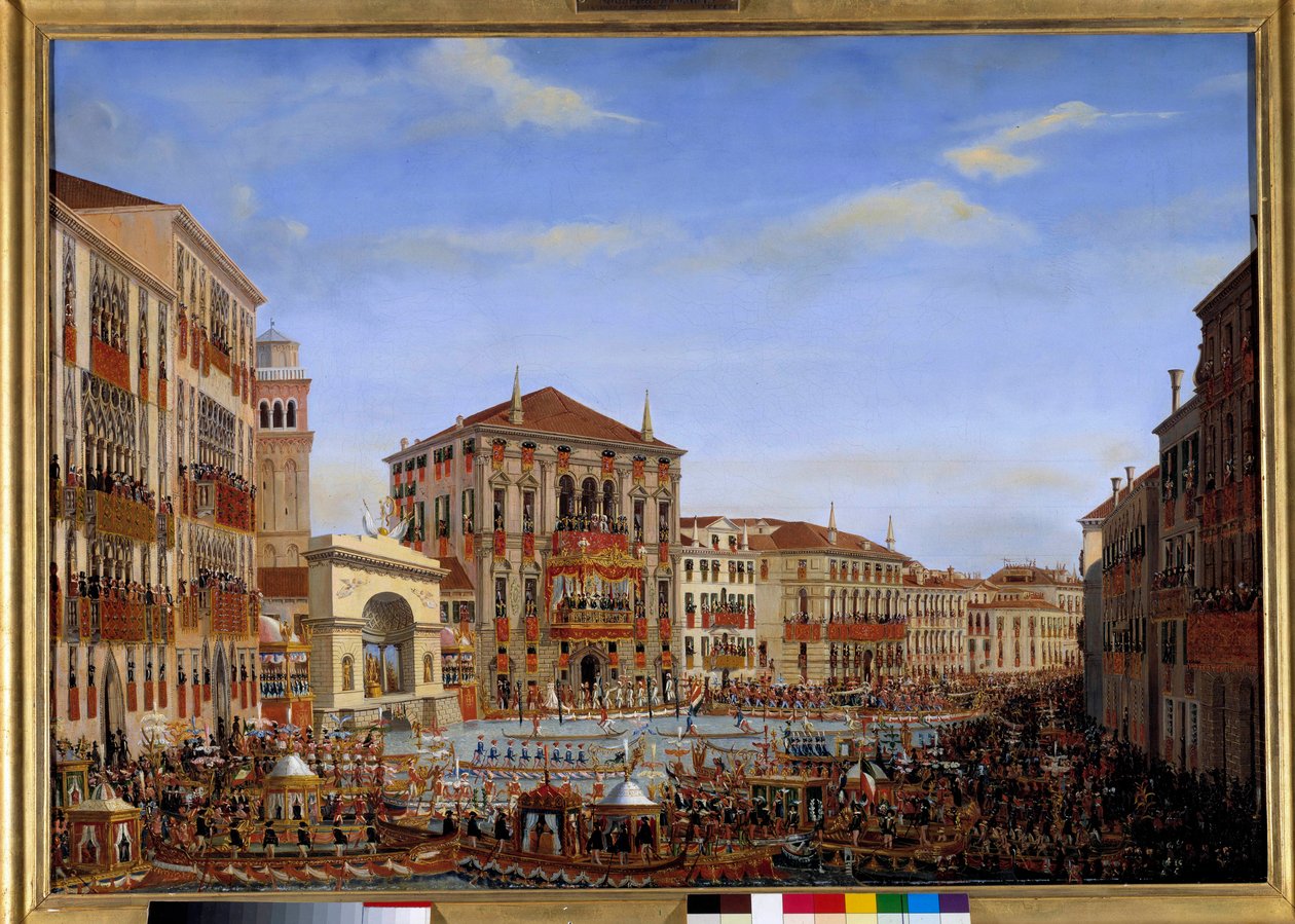 Napoleon I:n vierailu Venetsiaan 28.11.-8.12.1807: Keisari, joka johtaa Grand Canalin regatteja Baldin palatsin parvekkeelta, saapuu kisalta, 2.12.1807 Giuseppe Borsaton (1771-1849) maalaus. 1807 Su. 0,65 x tekijältä Giuseppe Borsato