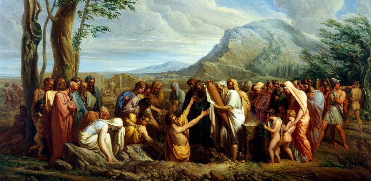 Themistokleen tuhkan hautaus, Giuseppe Bossi (1777-1815), noin 1809, öljy kankaalle, 60x116 cm, antiikin Kreikka tekijältä Giuseppe Bossi