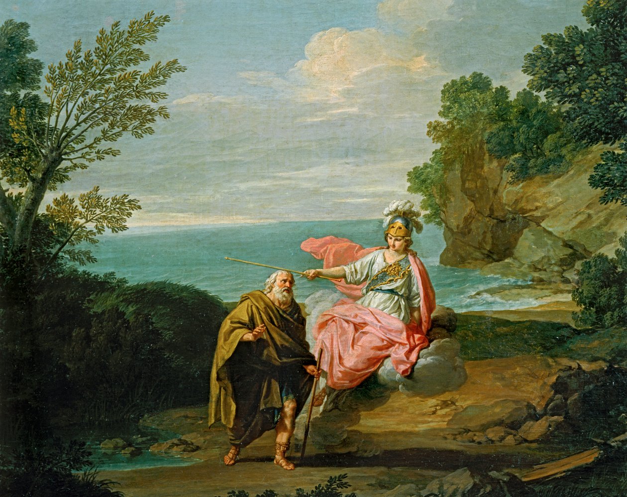 Jumalatar Athene naamioi Odysseuksen kerjäläiseksi (maalaus kankaalle) tekijältä Giuseppe Bottani