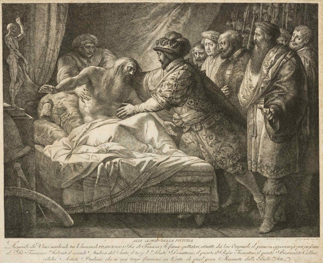 Maalausallegoria Leonardo da Vincin kuolema, n. 1790. tekijältä Giuseppe Cades