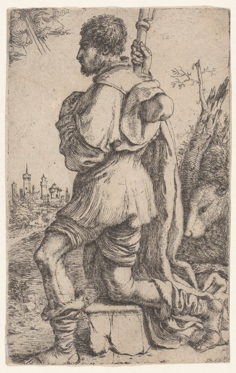 Pyhä Roch, polvistumassa kivellä, sivulta katsottuna koiransa takana..., 1620-30. tekijältä Giuseppe Caletti