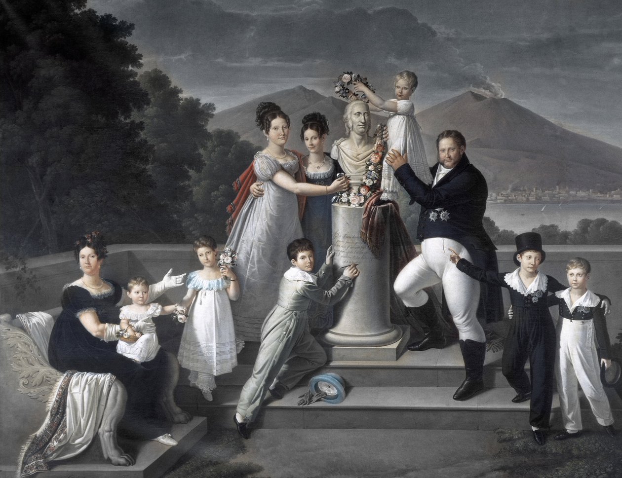 (Kahden Sisilian kuningas Francesco I:n perhe). Vasemmalta oikealta: Maria Isabella di Borbone-Spain (Francesco I:n toinen vaimo), Maria Carolina Ferdinanda, Maria Antonietta suurherttuatar di Toscana, Luisa Carlotta, Maria Cristina Espanjan kuningatar, Fe tekijältä Giuseppe Cammarano