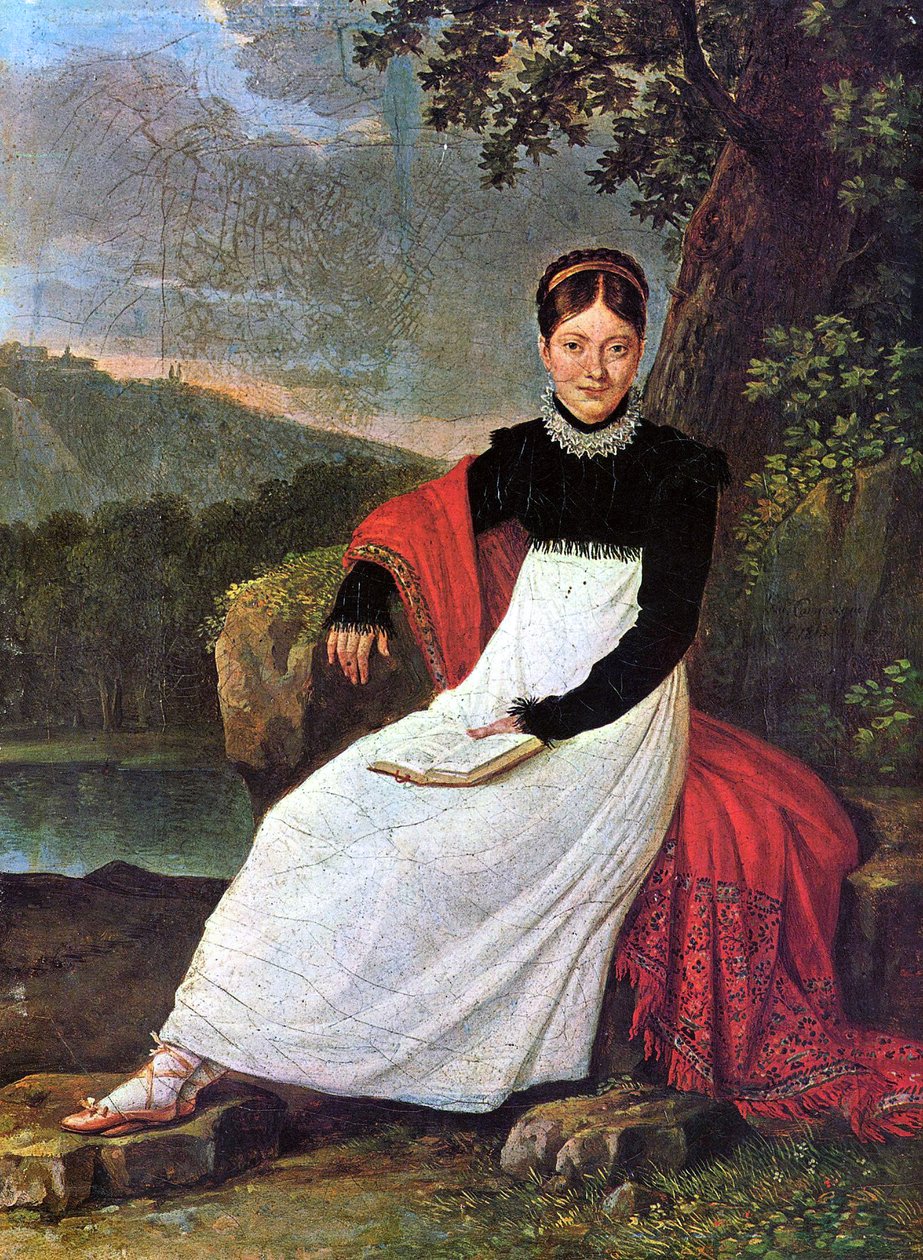 Napolin kuningatar Caroline (Bonaparte) napolilaisen maanviljelijän perinteisessä asussa. tekijältä Giuseppe Cammarano