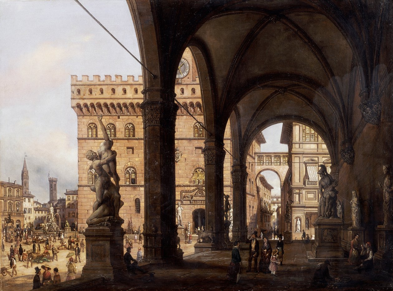 Firenze, Piazza della Signoria (Signoria-aukio), kirjoittanut Giuseppe Cannella (1788-1847) tekijältä Giuseppe Canella