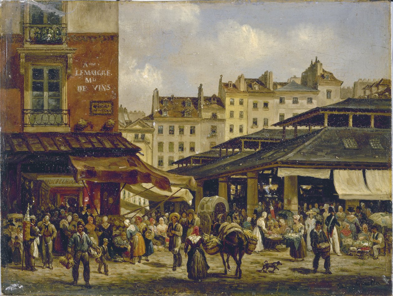 Les Halles ja Rue de la Tonnellerie, n. 1828 (öljy kankaalle) tekijältä Giuseppe Canella