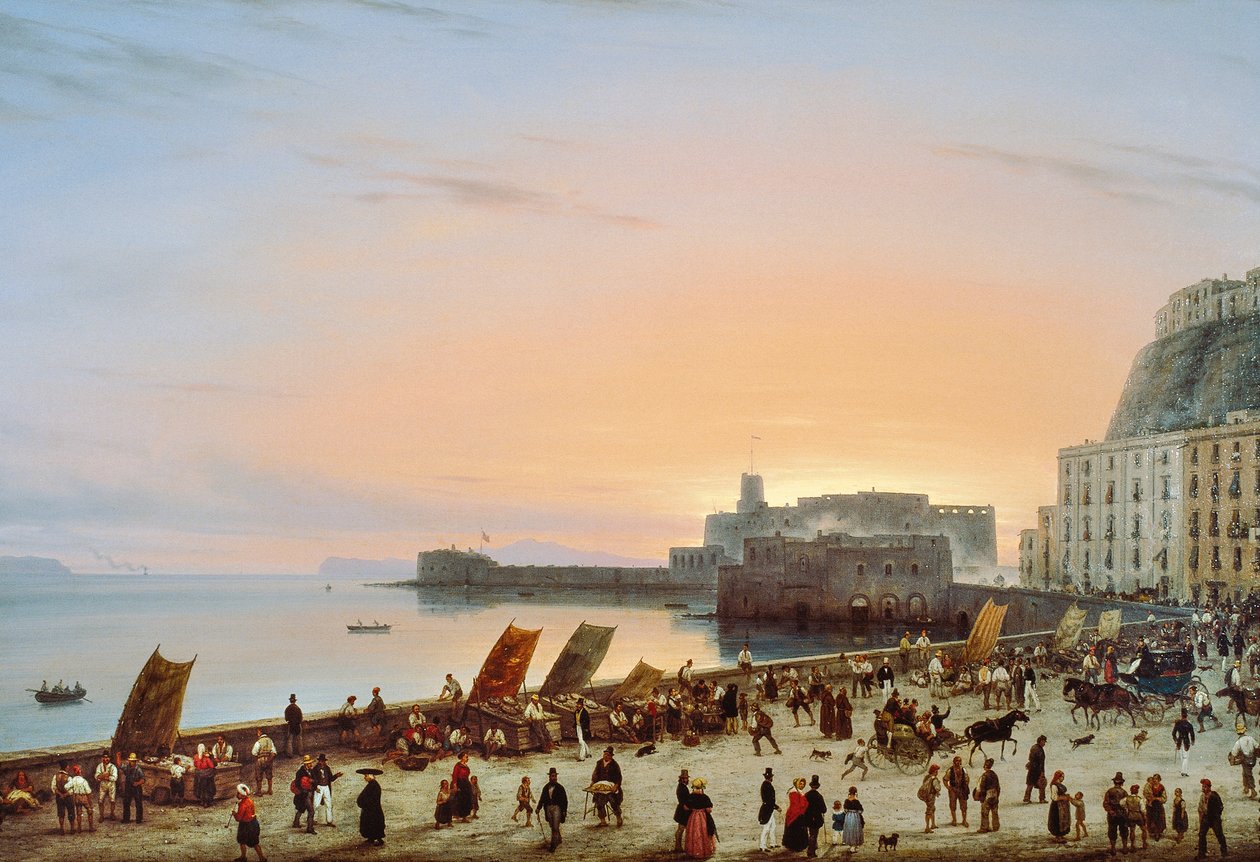 Auringonlasku Napolin ranta-alueella, noin 1838, kirjoittanut Giuseppe Canella (1788-1847), öljy kankaalle, 90x135 cm tekijältä Giuseppe Canella