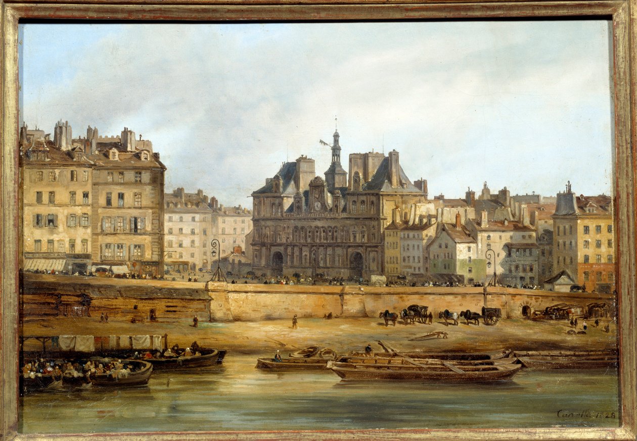 Kaupungintalo ja Place de Greve nähtynä Pariisin Ile de la Citesta. Giuseppe Canellan (1788-1847) maalaus EC.ITAL. tekijältä Giuseppe Canella