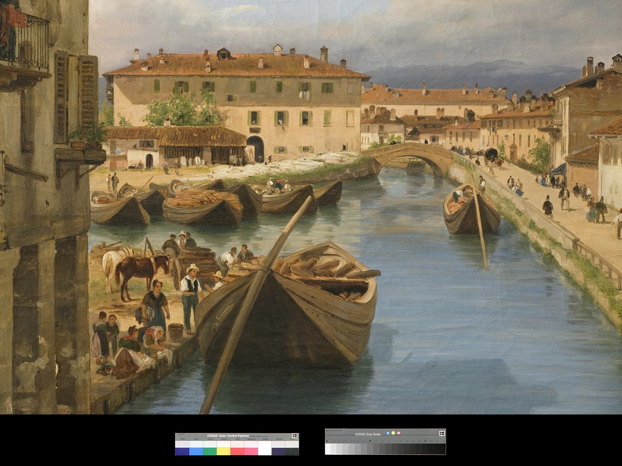 Näkymä Naviglio-kanavalle San Marcon sillalta Milanossa, 1834 tekijältä Giuseppe Canella