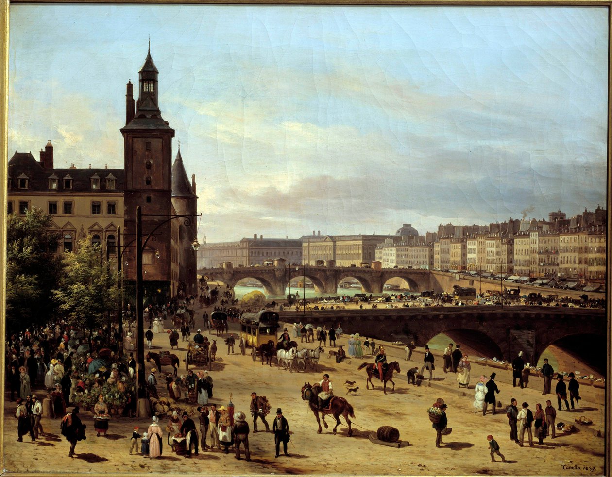 Näkymä Kukkakävelylle, kellotornille, Pont au Changelle ja Pont-Neufille Pariisissa Giuseppe Canella l