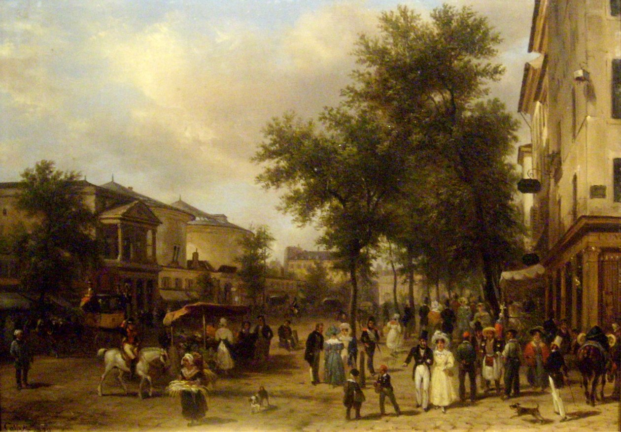 Näkymä Boulevard Montmartrelle, Pariisi [jossa Théâtre des Variétés ja Passage des Panoramas]. tekijältä Giuseppe Canella