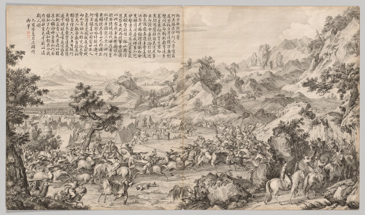 Hyökkäys leiriin Gatan Olassa: Kapinoiden tukahduttamisen taistelukohtauksista..., c. 1765-1774. tekijältä Giuseppe Castiglione