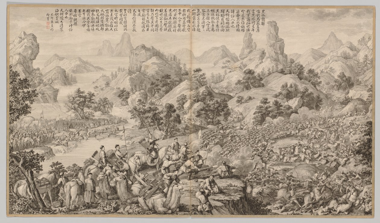 Breaking Through the Siege at Hesuin: Kapinallisten tukahduttamisen taistelukohtauksista..., n. 1765-17 tekijältä Giuseppe Castiglione