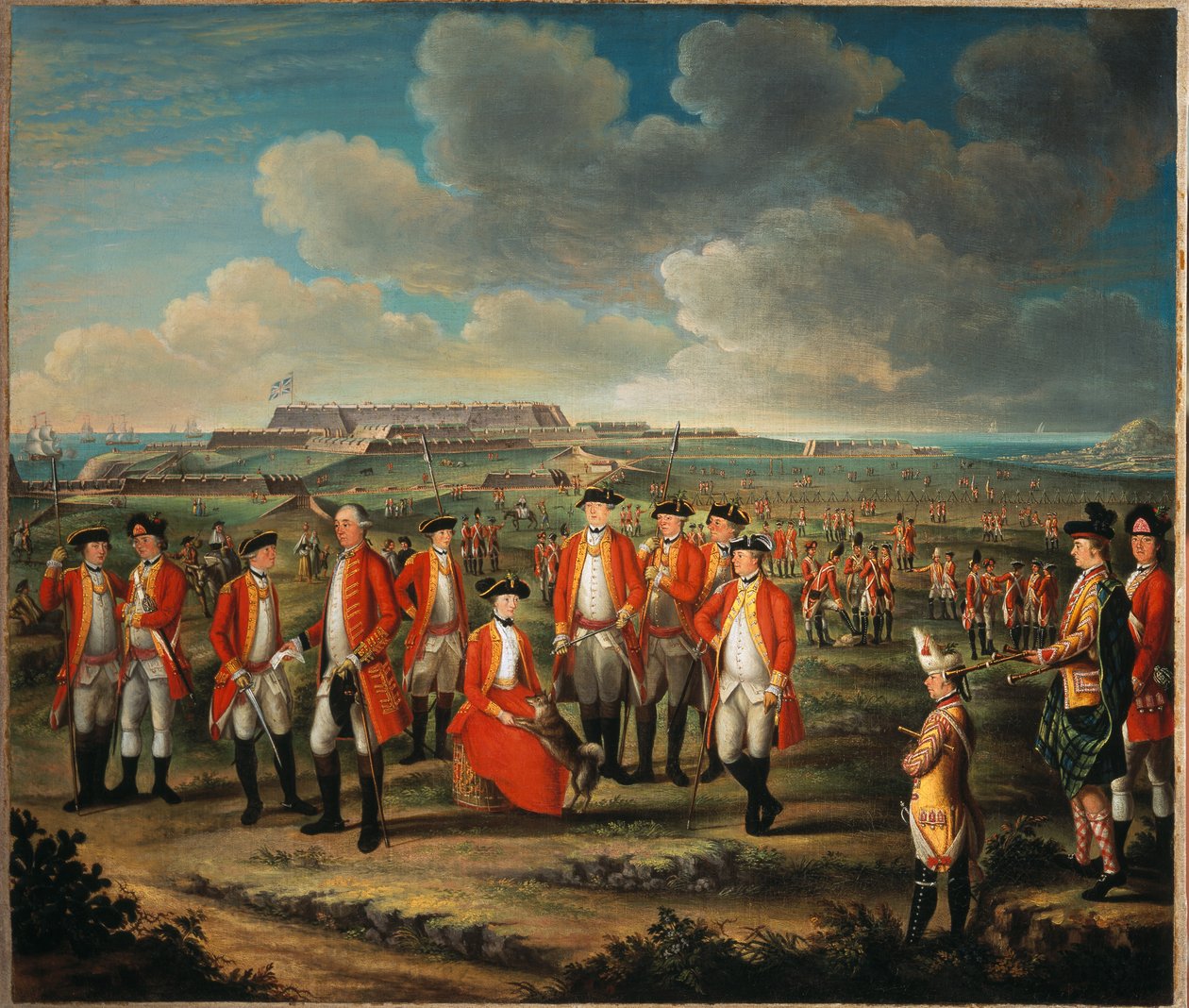Lady Louisa Lennox miehensä rykmentin kanssa, 25th rykment of Foot, lordi George Lennox vieressään ja Fort St Philip, Port Mahon, taustalla, n. 1771 tekijältä Giuseppe Chiesa