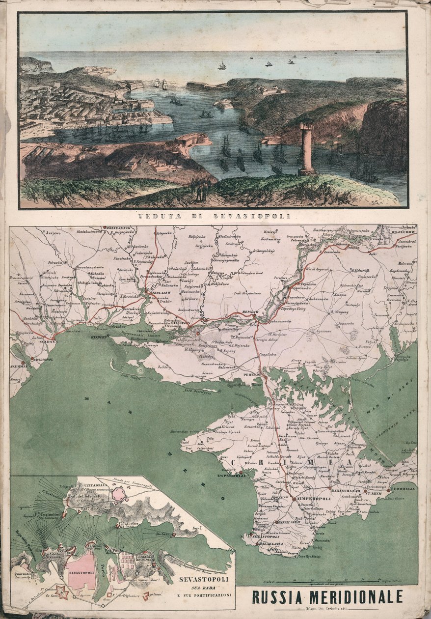 Etelä-Venäjän kartta näköalalla Sevastopolin lahdelle ja sen linnoituksille, 1853. tekijältä Giuseppe Civelli