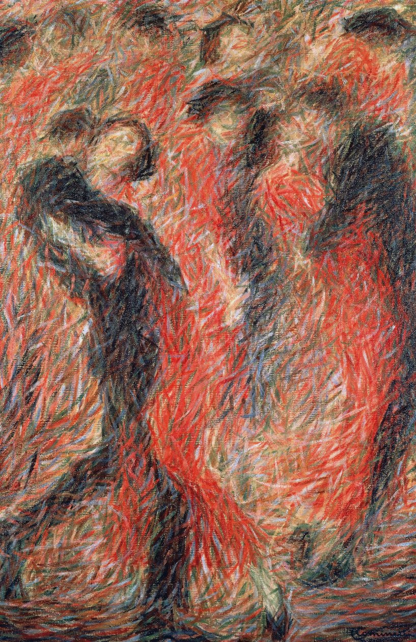 Tango, punaiseen tanssivaan pukeutunut nainen, fantasia paritanssista tekijältä Giuseppe Cominetti
