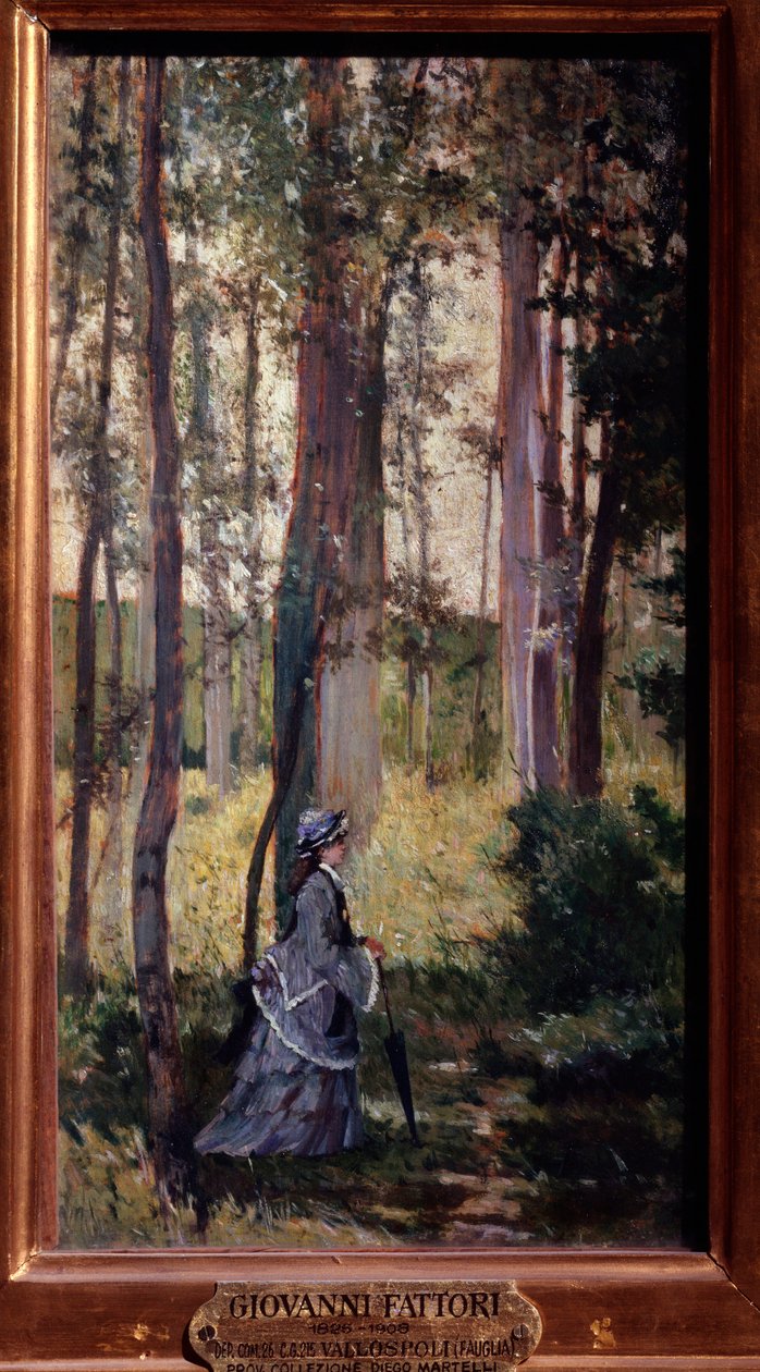 Vallospoli Tyylikäs nainen kävelee metsässä Giovanni Fattorin maalaus tekijältä Giuseppe Fattori