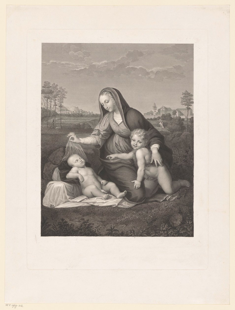 Maria lapsen kanssa ja nuori Johannes Kastaja maisemassa Madonna del Velo tekijältä Giuseppe Longhi
