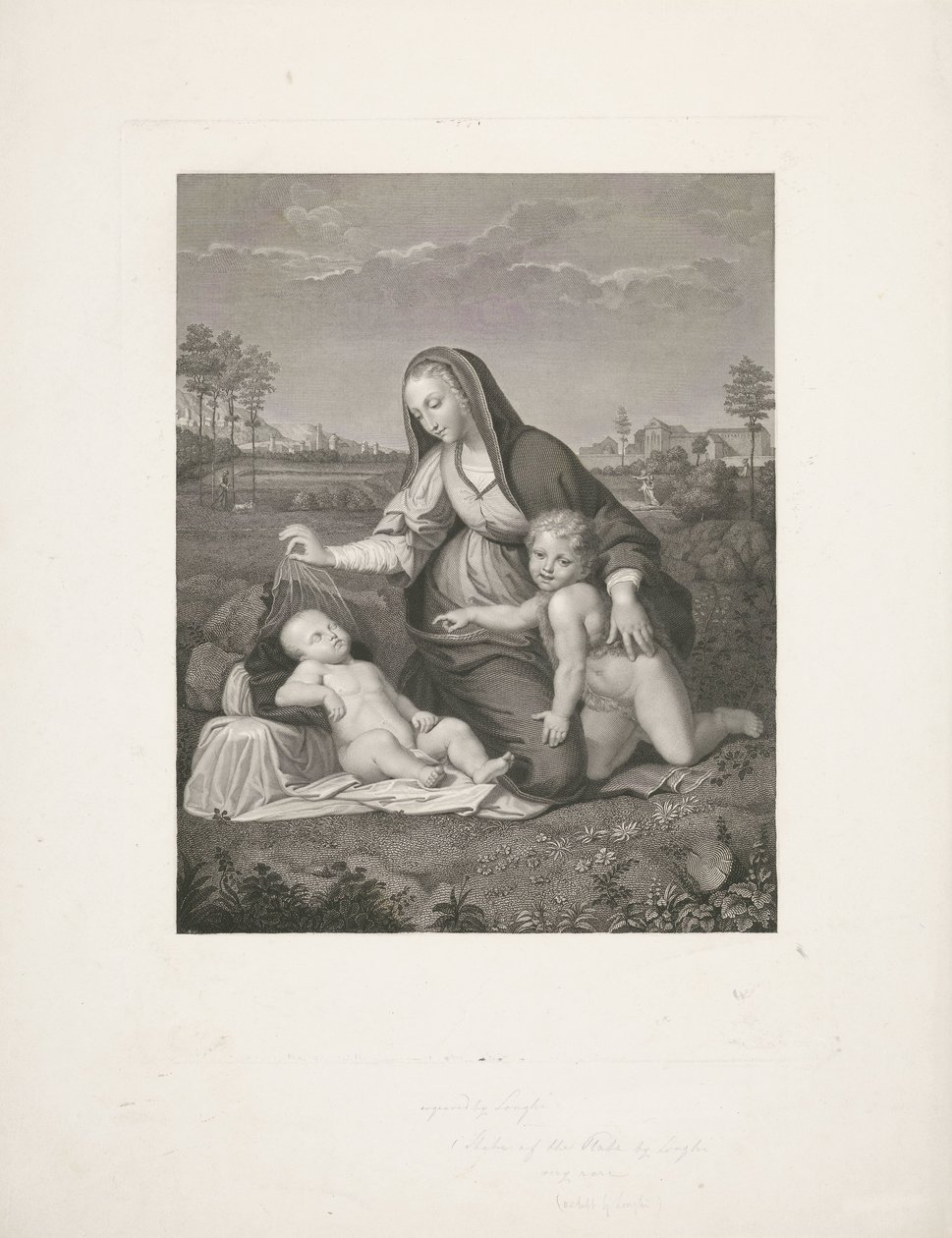 Maria lapsen kanssa ja nuori Johannes Kastaja maisemassa Madonna del Velo tekijältä Giuseppe Longhi