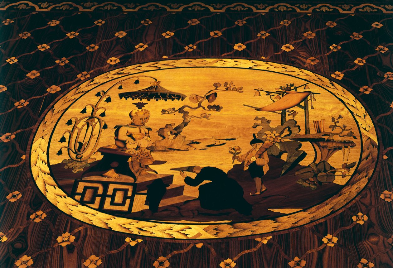 Kiinan inspiroima kohtaus, yksityiskohta Giuseppe Maggiolinin (1738-1814) kirjoituspöydältä, Giuseppe Levatin (1739-1828) suunnittelemat upotteet, arkkiherttua Ferdinand lahjoitti keisarinna Maria Theresalle Itävallalle Italialle. tekijältä Giuseppe Maggiolini