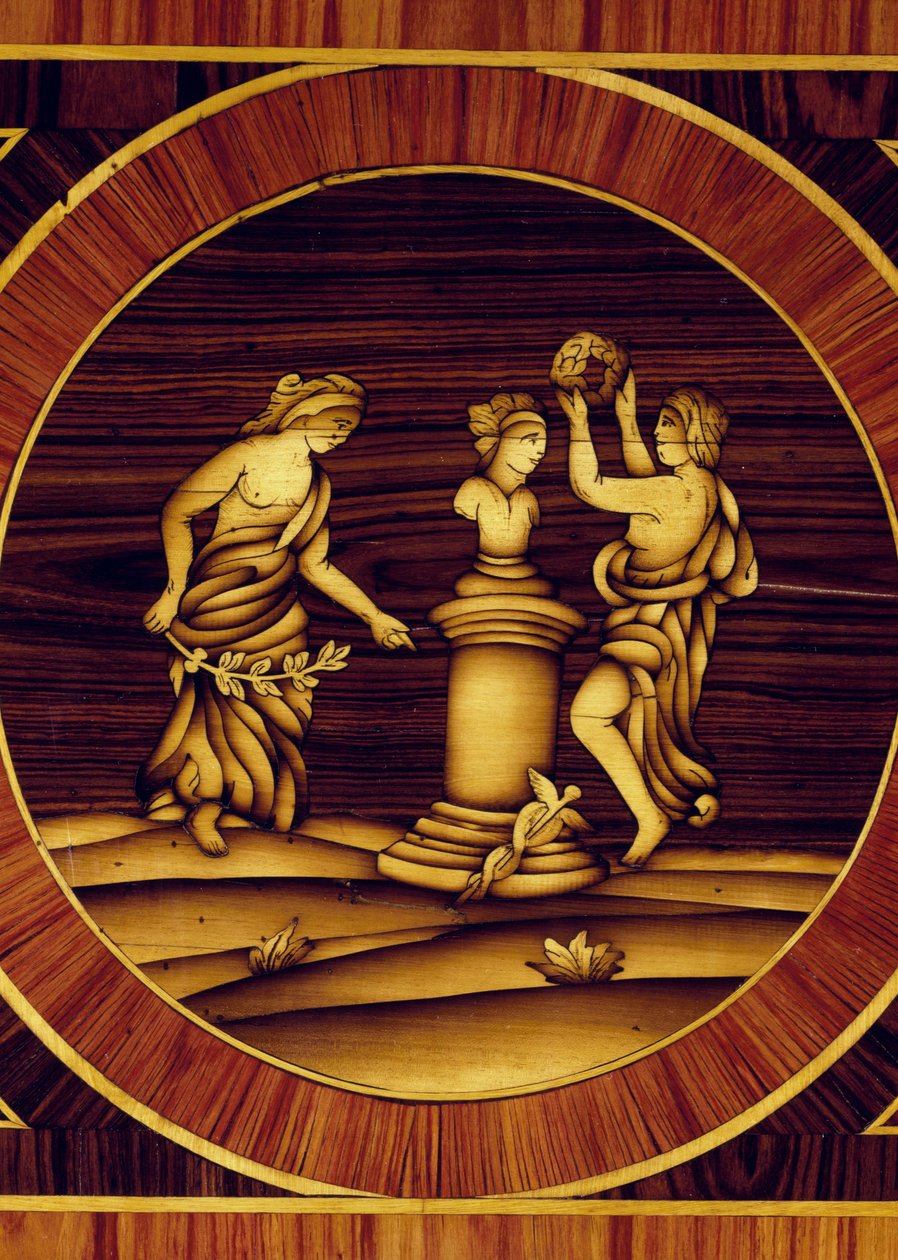 Lepitysrituaali Merkuriuksen hermissä, yksityiskohta lipasta pähkinä-, vaahtera-, puksipuu-, oliivi-, ruusu- ja ruusupuusta, Giuseppe Maggiolini (1738-1814), Italia tekijältä Giuseppe Maggiolini