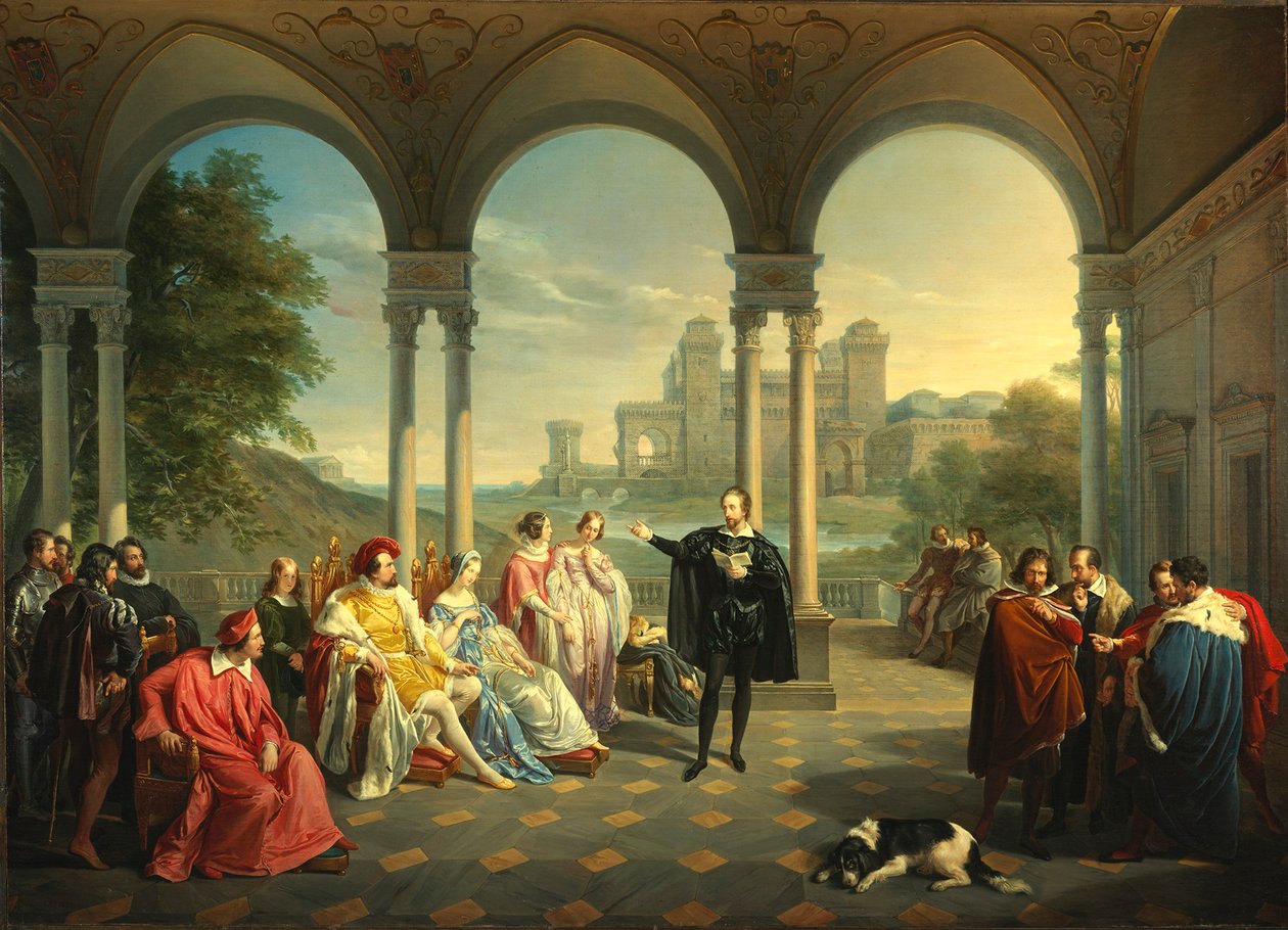 Torquato Tasso lukee La Gerusalemme Liberataa Ferraran tuomioistuimessa 1841. tekijältä Giuseppe Mancinelli