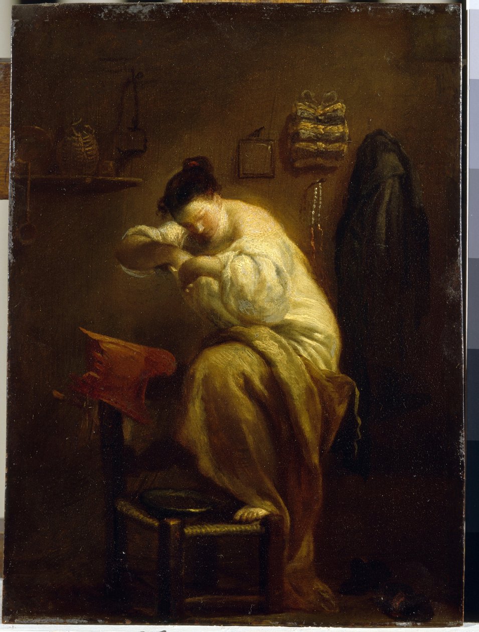 Nainen etsii kirppuja. (Nainen etsii kirppuja). Giuseppe Maria Crespin (1665-1747) maalaus, öljy kankaalle, noin 1710. Italialainen taide (Bologna) tekijältä Giuseppe Maria Crespi
