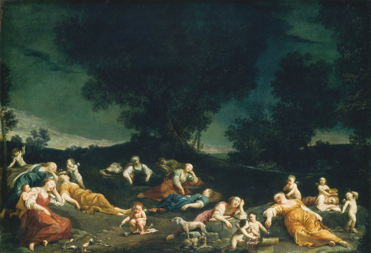 Cupids aseistautuneet nukkuvat nymfit, c. 16901705. tekijältä Giuseppe Maria Crespi