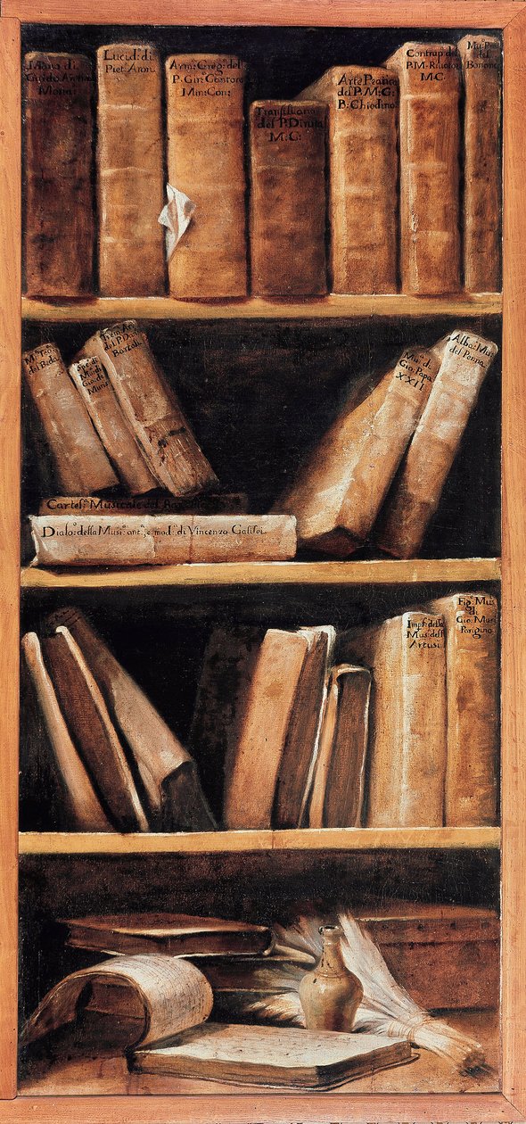 Asetelmakirjasto musiikkikirjoilla. Giuseppe Maria Crespi dit lo Spagnolon (espanjalainen) maalaus (1665-1747) 1715 Bologna, musiikin konservatorio tekijältä Giuseppe Maria Crespi