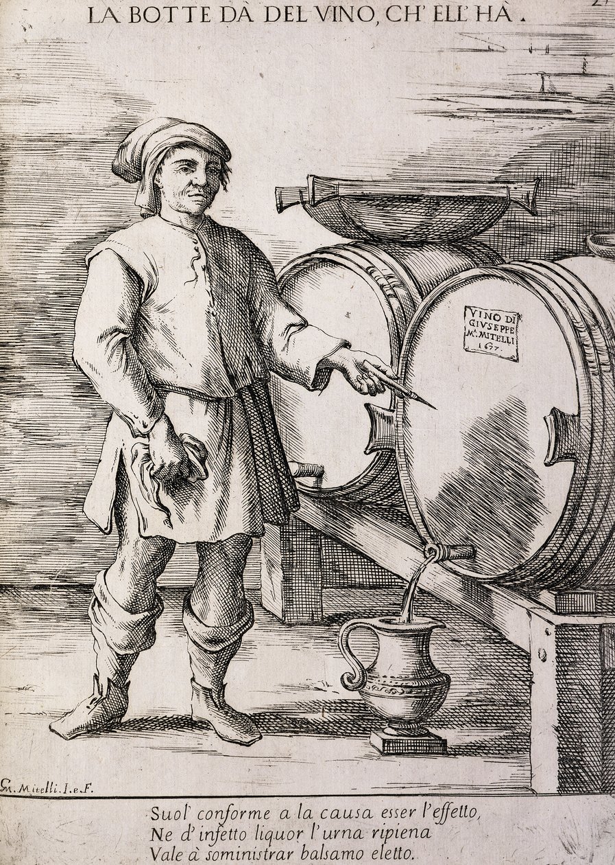Tynnyri antaa viiniä, joka sisältää, Sananlasku tekijältä Giuseppe Maria Mitelli