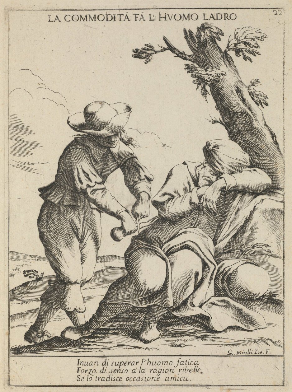 Mahdollisuus tekee varkaan. Mukavuus tekee varkaan, 1678 tekijältä Giuseppe Maria Mitelli