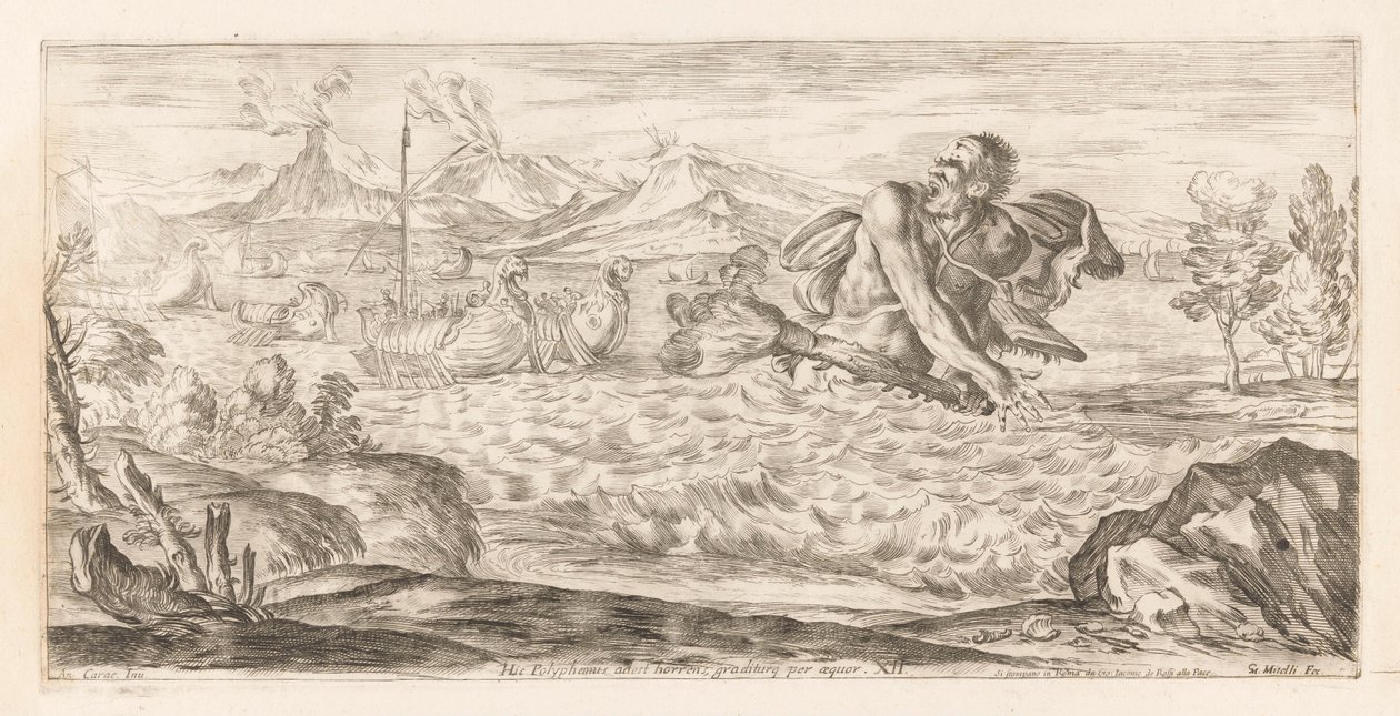 Polyphemus achtervolgt de vloot van Aeneas Täällä Polyphemus on läsnä, kauhistuneena, harppailee tasangon poikki (otsikko esineessä) Omzwervingen van Aeneas (sarjan nimi) L