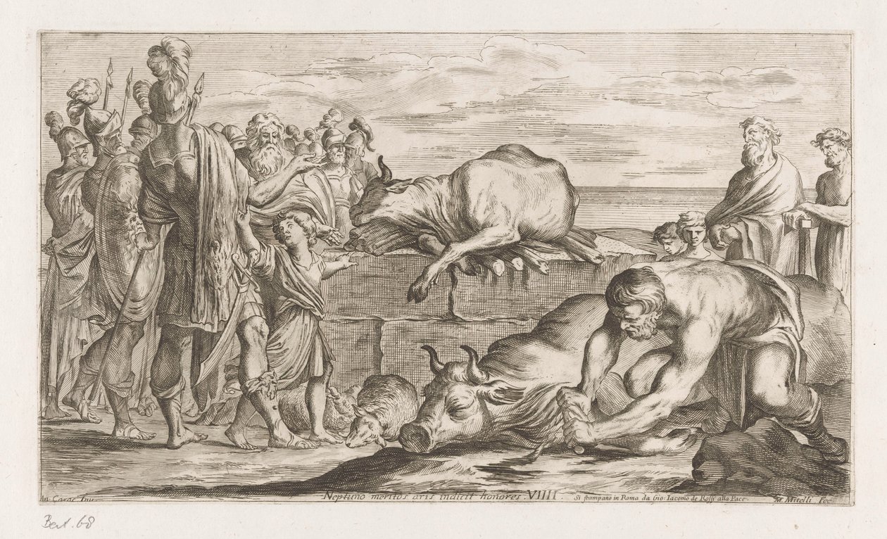Trojanen offeren dieren aan Neptune Aris antaa kunnianosoituksen Neptunukselle (nimi esineessä) Omzwervingen van Aeneas (sarjan nimi) L