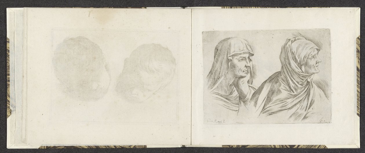Oikealla kaksi vanhemman naisen rintakuvaa Piirustusesimerkkejä (sarjan nimi) Mitelli intaglio (sarjan nimi) tekijältä Giuseppe Maria Mitelli